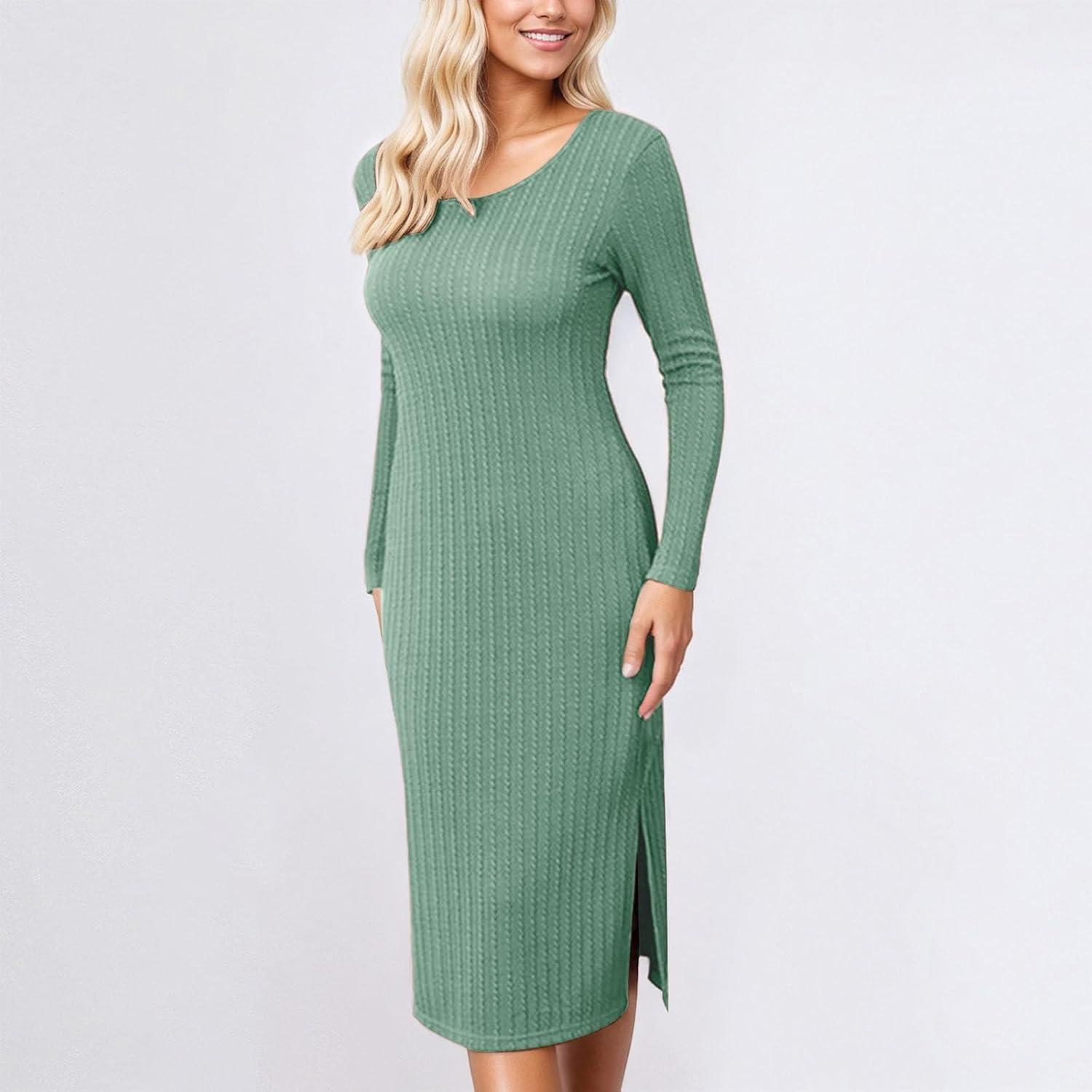 image:imageGenerisch Robe pull pour femme Hiver chaud Manches longues Robe de maternit douillette Automne Robe dallaitement Robe dallaitement moulante Robe en tricot raye avec col en VO Vert