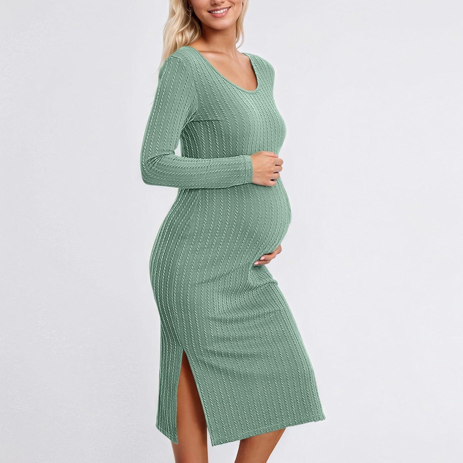 image:imageGenerisch Robe pull pour femme Hiver chaud Manches longues Robe de maternit douillette Automne Robe dallaitement Robe dallaitement moulante Robe en tricot raye avec col en VO Vert
