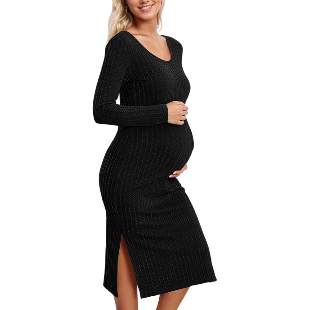 image:imageGenerisch Robe pull pour femme Hiver chaud Manches longues Robe de maternit douillette Automne Robe dallaitement Robe dallaitement moulante Robe en tricot raye avec col en VO Noir