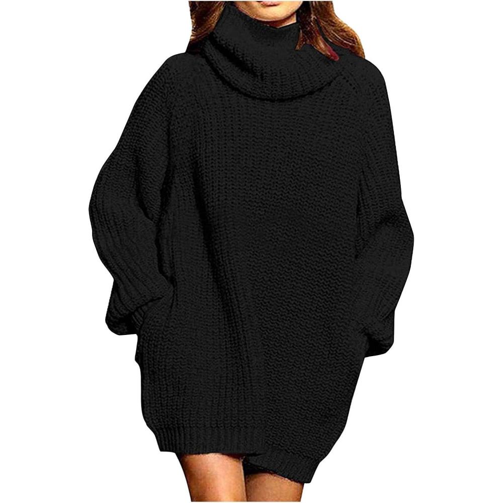 image:imageLandail Pull Long Col Roul Femme Hiver Mini Robe Manche Chauve SourisNoir