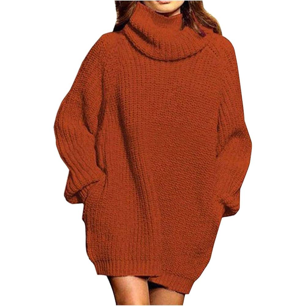 image:imageLandail Pull Long Col Roul Femme Hiver Mini Robe Manche Chauve SourisRouge