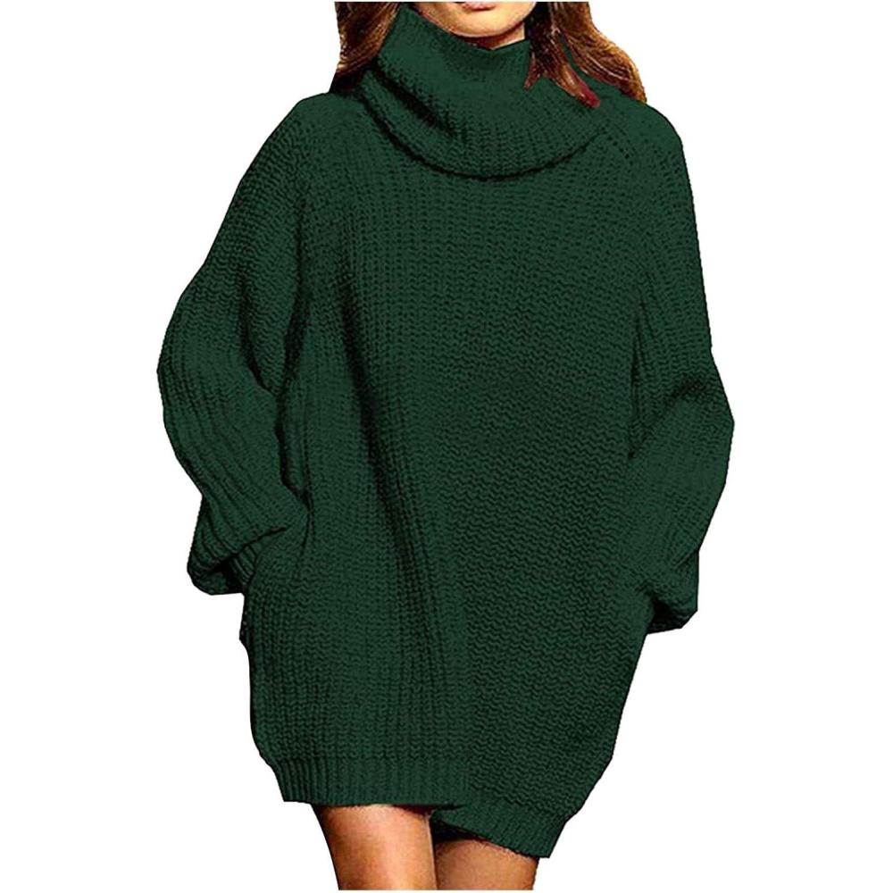 image:imageLandail Pull Long Col Roul Femme Hiver Mini Robe Manche Chauve SourisVert