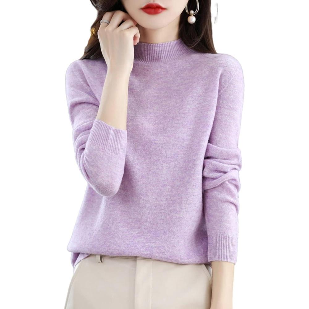 image:imagePull en cachemire pour femme manches longues et col rond doux et chaud pull en tricot pour lautomne et lhiverViolet Clair