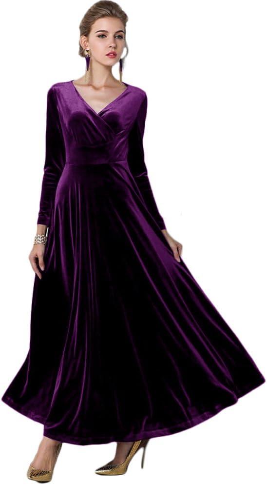 image:imageUrban GoCo Damen Elegant VAusschnitt Langarm Samt Maxi Kleider Party A Linie Lang AbendkleiderViolet