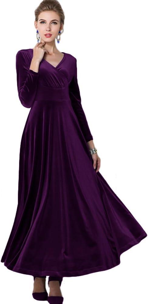 image:imageUrban GoCo Damen Elegant VAusschnitt Langarm Samt Maxi Kleider Party A Linie Lang AbendkleiderViolet