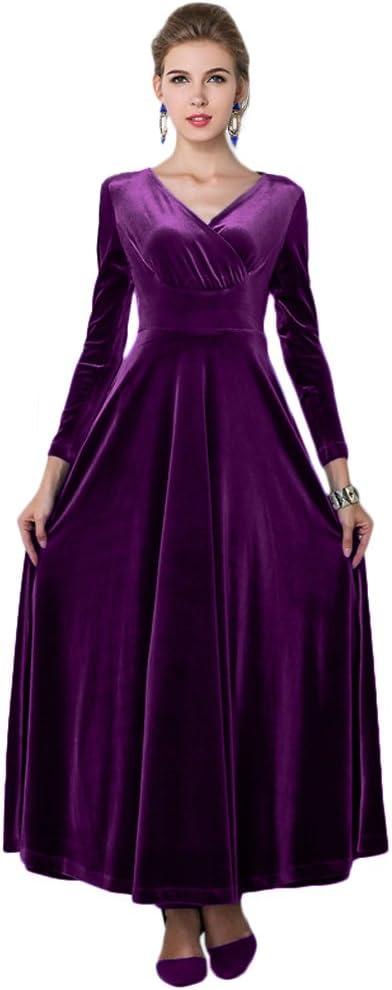 image:imageUrban GoCo Damen Elegant VAusschnitt Langarm Samt Maxi Kleider Party A Linie Lang AbendkleiderViolet