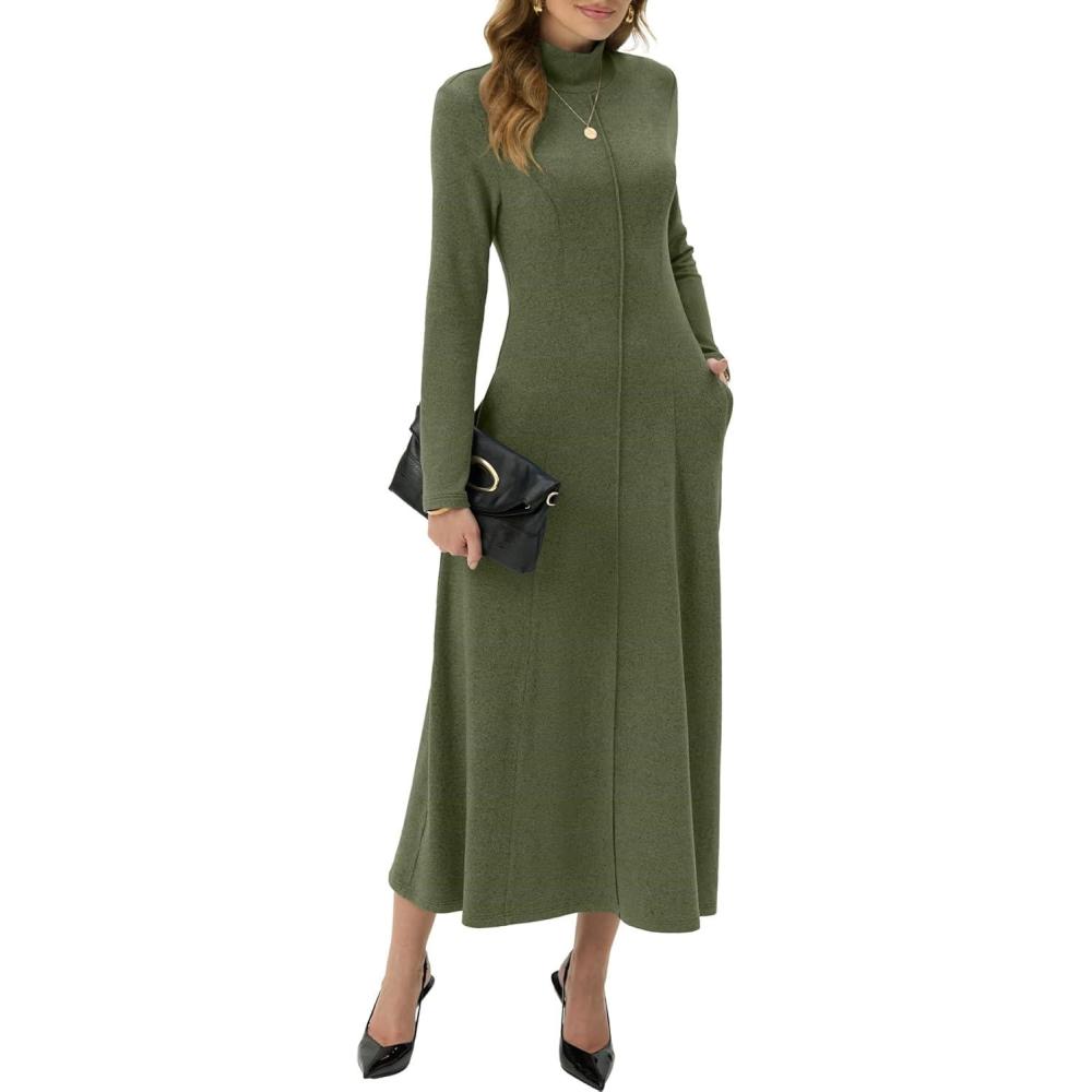image:imageGRECERELLE Robe longue pour femme col roul et manches longues pour lautomne et lhiver lgante et dcontracte Pour le travail les rendezvous galants le salon Robe longue extensible avecVert Mousse