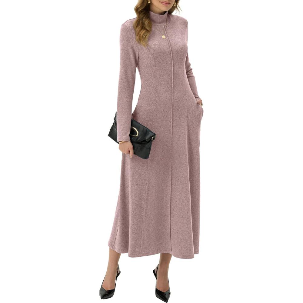image:imageGRECERELLE Robe longue pour femme col roul et manches longues pour lautomne et lhiver lgante et dcontracte Pour le travail les rendezvous galants le salon Robe longue extensible avecRose