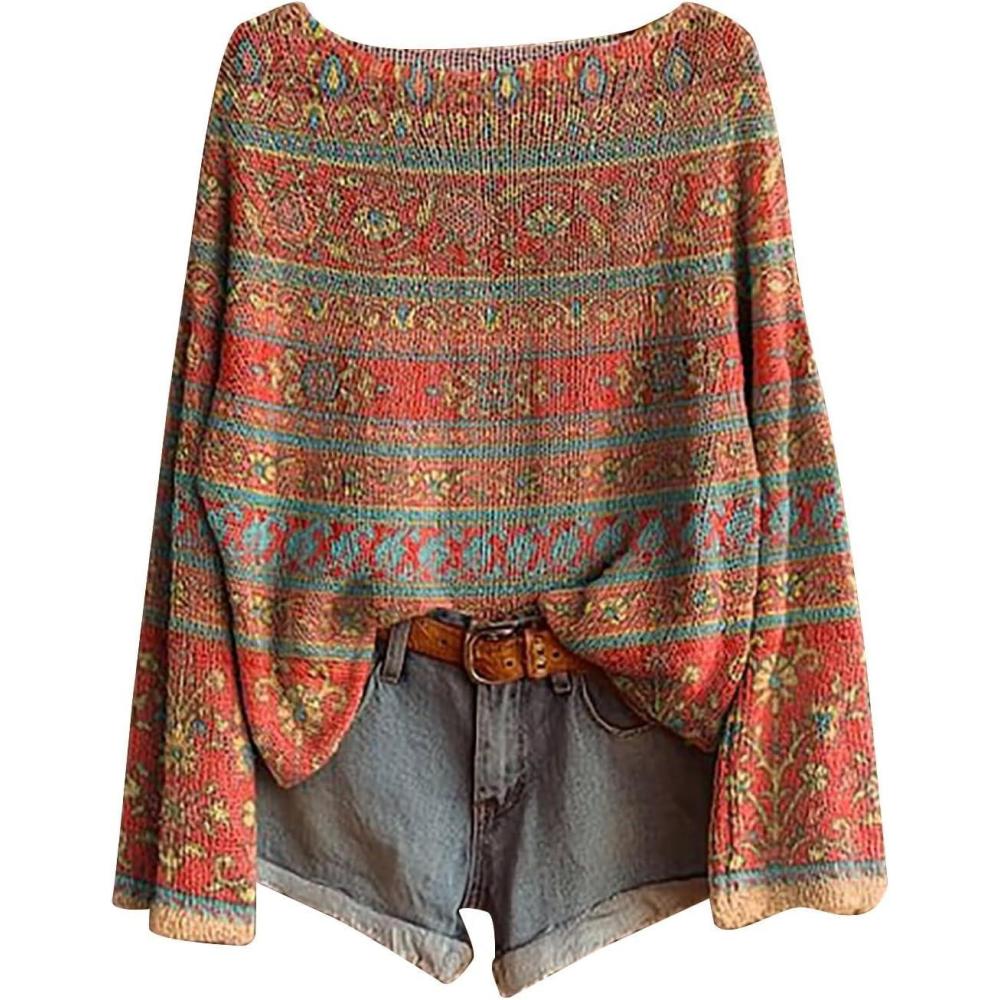 image:imagePull Femme Hiver Col Rond Pulls en Tricot Chic Et Elegant Imprim Lger Pull Cachemire Hiver Chaud Dcontracts Sweater Pas Cher Ample Pullover Manches Longues Oversize VtementsY1orange