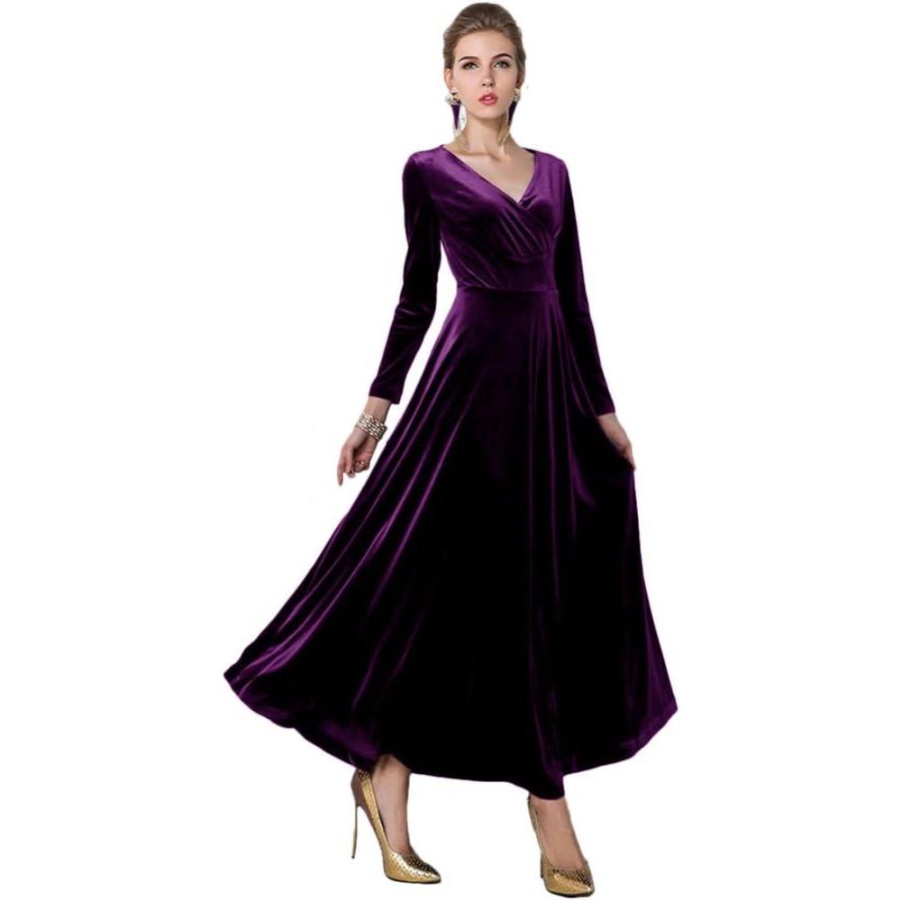 image:imageUrban GoCo Damen Elegant VAusschnitt Langarm Samt Maxi Kleider Party A Linie Lang AbendkleiderViolet