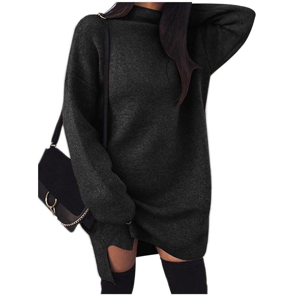 image:imageshownicer Robe Pull Femme Manche Longue en Maille Robe Casual Col Haut Long Pullover Robe en Tricot Automne Hiver Couleur Unie Chandail Mini RobeA Noir