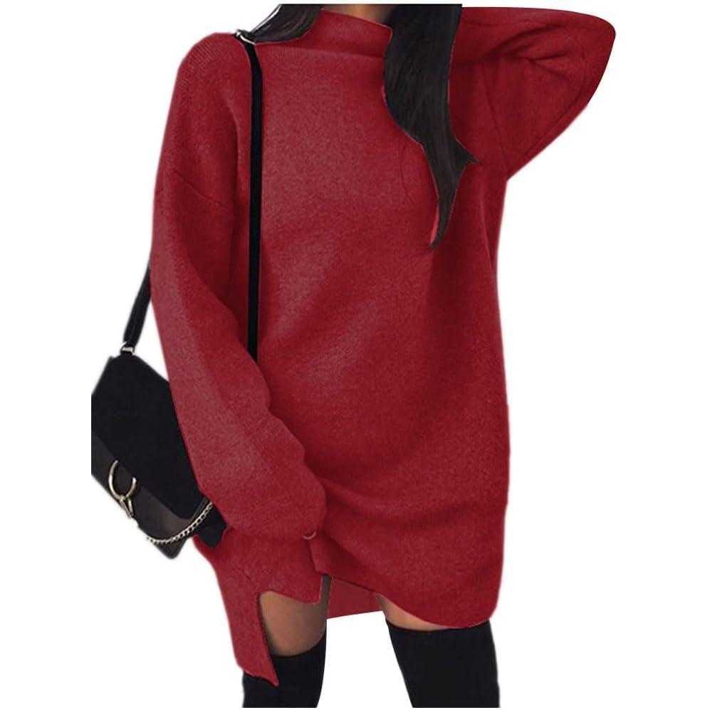 image:imageshownicer Robe Pull Femme Manche Longue en Maille Robe Casual Col Haut Long Pullover Robe en Tricot Automne Hiver Couleur Unie Chandail Mini RobeA Rouge