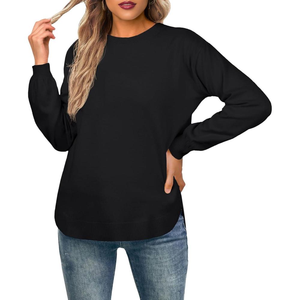 image:imageGRECERELLE Pull lger manches longues et col rond pour femme Pull dcontract en tricot doux01 Noir
