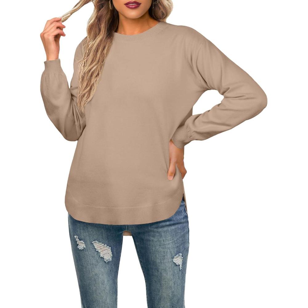 image:imageGRECERELLE Pull lger manches longues et col rond pour femme Pull dcontract en tricot douxKaki