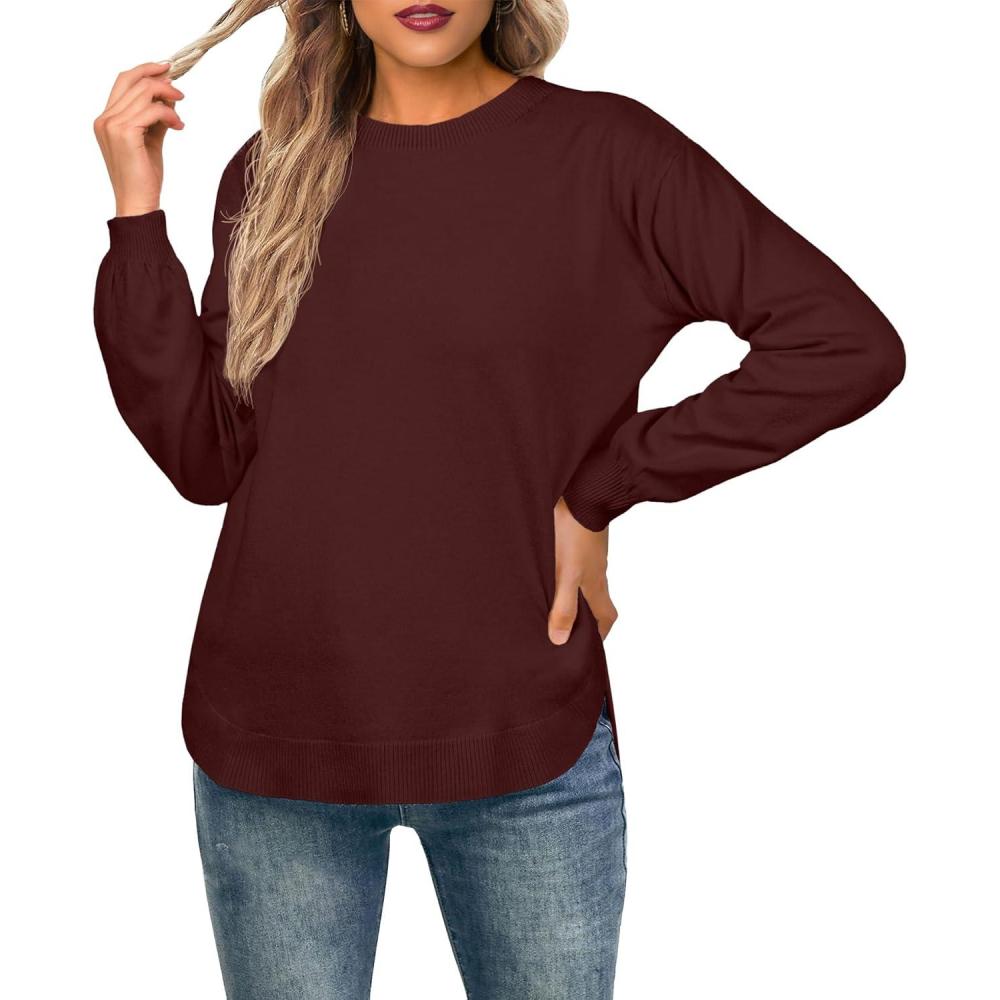 image:imageGRECERELLE Pull lger manches longues et col rond pour femme Pull dcontract en tricot douxRouge Vin