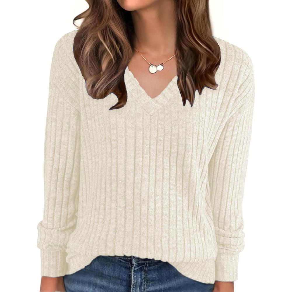 image:imageHaut manches longues et col en V pour femme pull en tricot ctel coupe ajuste doux et confortable parfait pour lautomne et lhiverAbricot