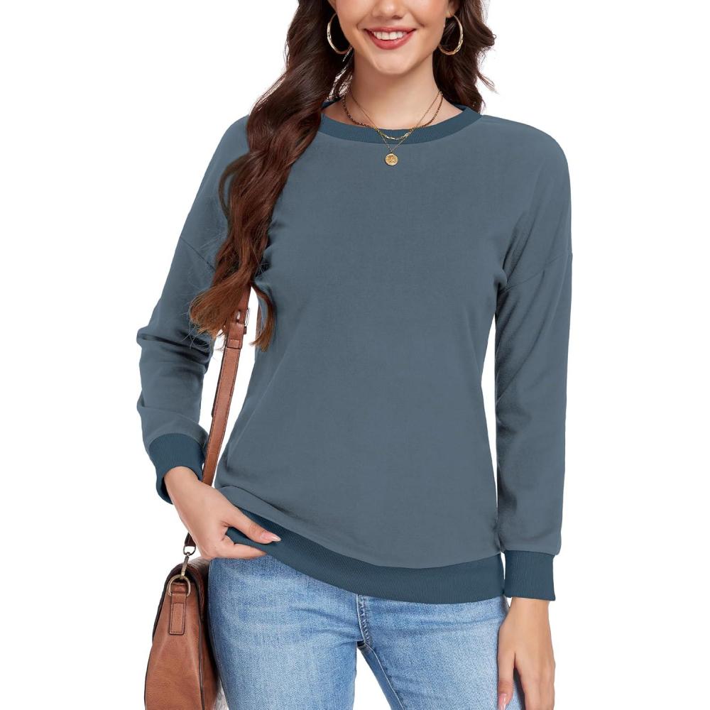 image:imagePull Femme Chic Elegant Col Rond Dcontract Sweatshirt Hiver Basic Lger TopBleu