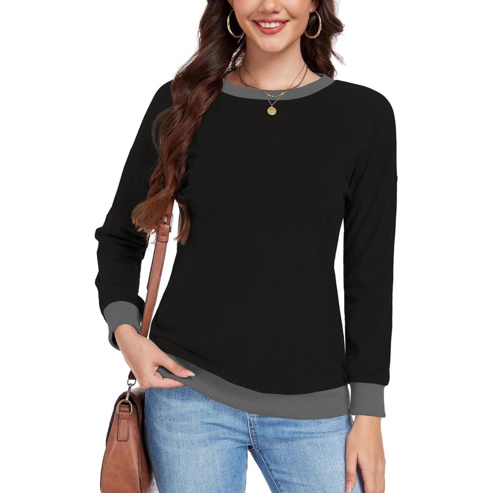 image:imagePull Femme Chic Elegant Col Rond Dcontract Sweatshirt Hiver Basic Lger TopNoir