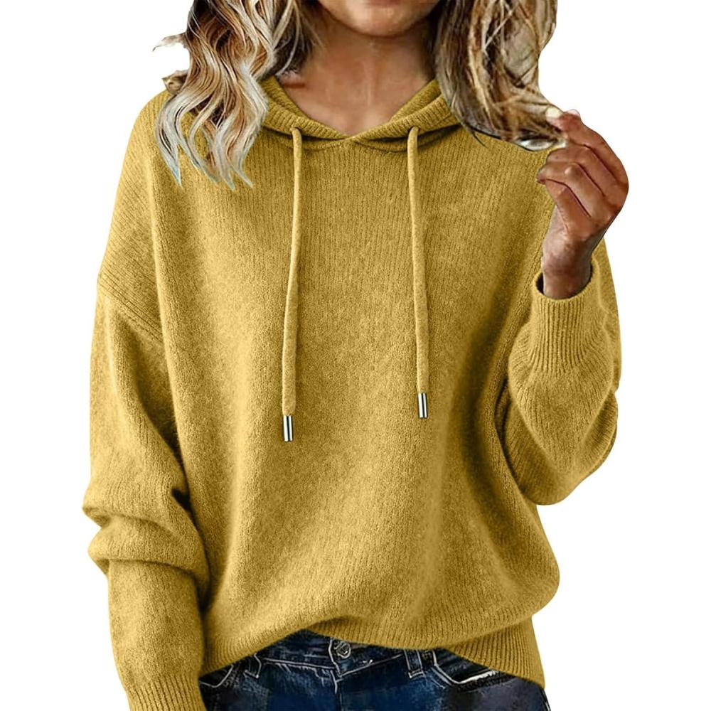 image:imageshownicer Pull Femme Automne Hiver Pulls en Tricot Elgant Couleur Unie Ample Pullover Chandail Lger Sweater Hoodies CapucheA Jaune