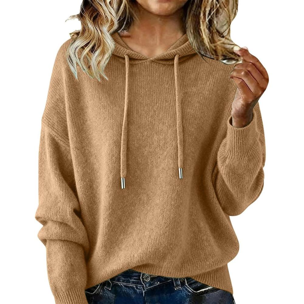 image:imageshownicer Pull Femme Automne Hiver Pulls en Tricot Elgant Couleur Unie Ample Pullover Chandail Lger Sweater Hoodies CapucheA Kaki