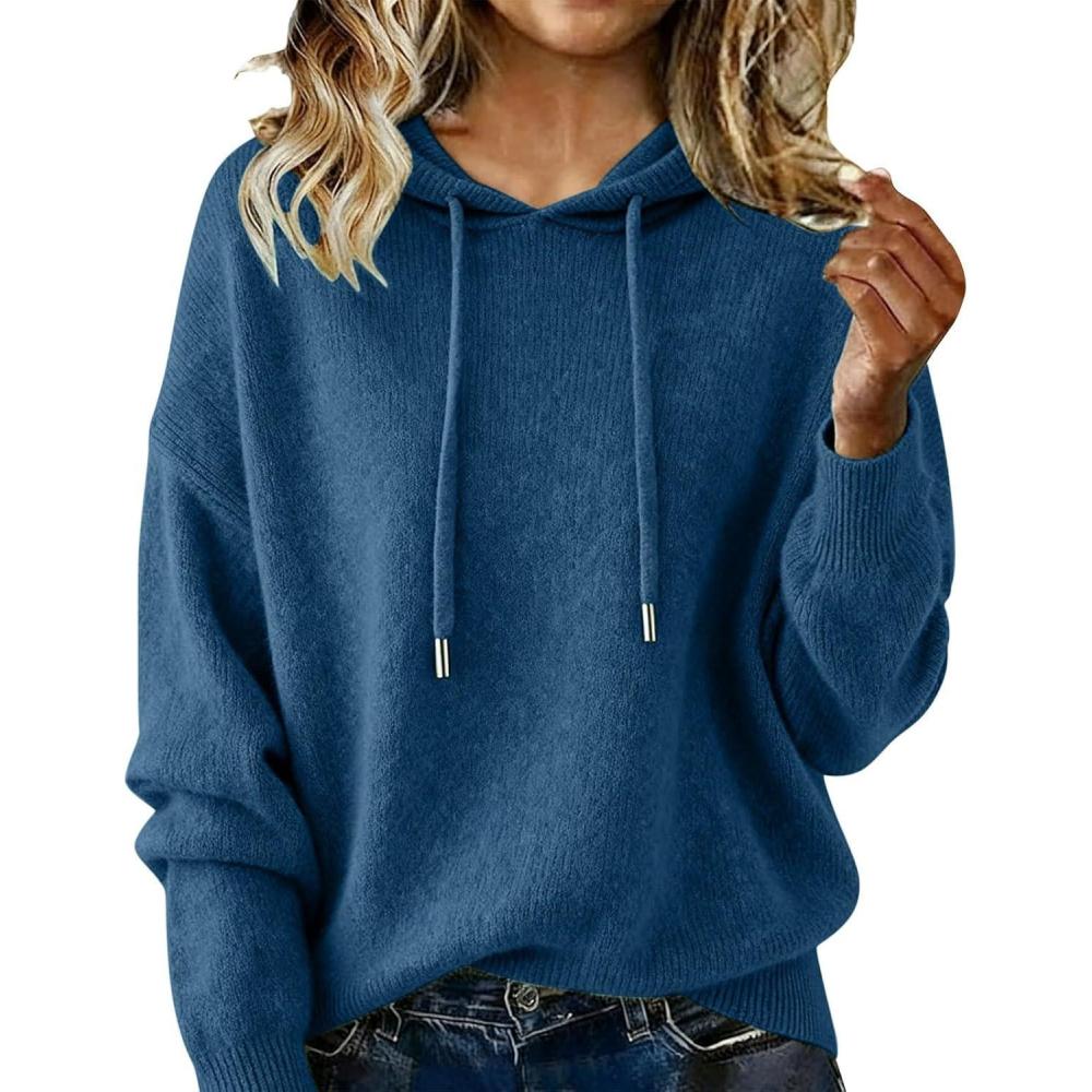 image:imageshownicer Pull Femme Automne Hiver Pulls en Tricot Elgant Couleur Unie Ample Pullover Chandail Lger Sweater Hoodies CapucheA Marine