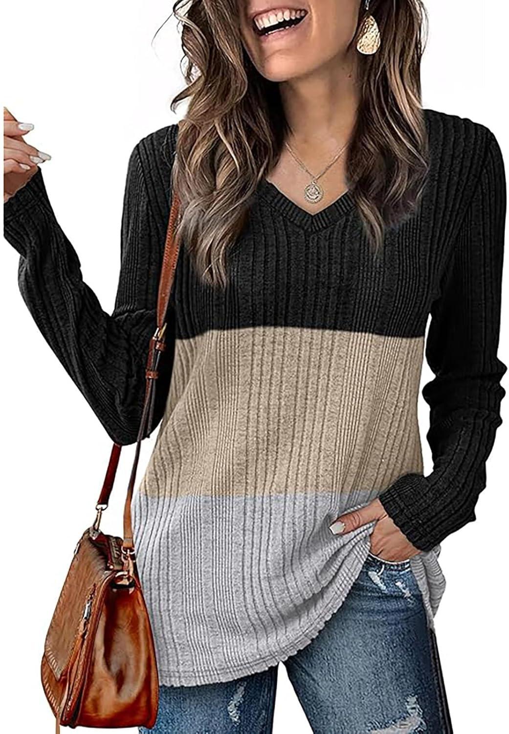 image:imageYeenily Pull Manches Longues Et CTel Col V Femme Longues en Tricot Pullover Haut Chaud Automne Hiver Tunique LGerKaki