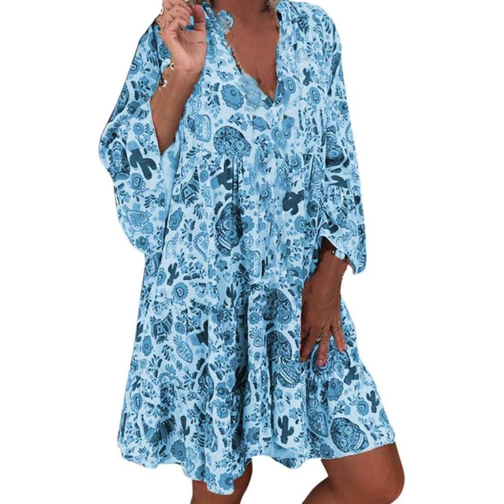 image:imageGenerisch Robe dcontracte en tricot pour femme  Robe pull  Robe dautomne lgante  Robe dhiver  Manches longues  Robe boutonne  Imprim  Col en V  Petit plus  Robe ample pour femmeBleu