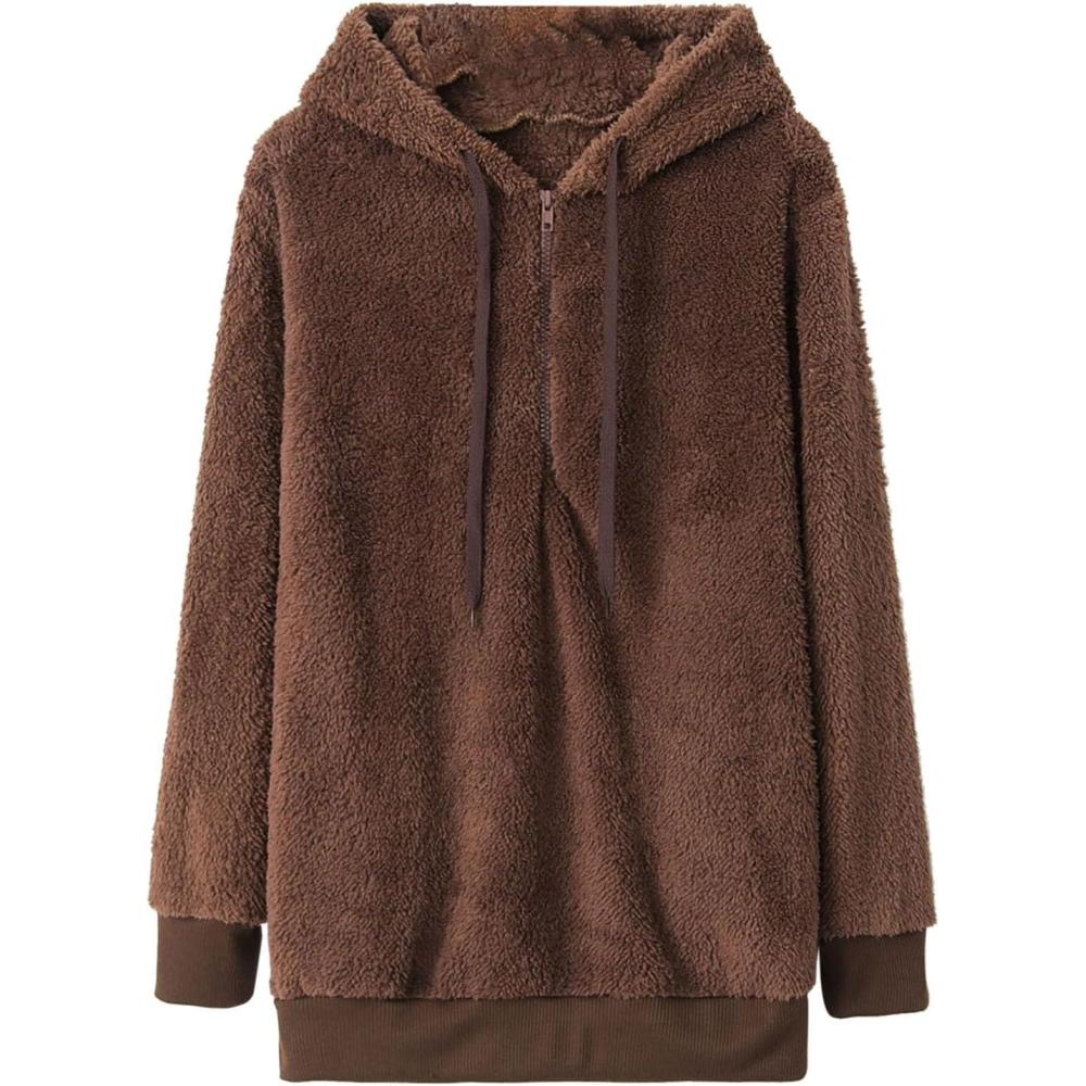 image:imageSweat capuche manches longues pour femme en velours thermique capuche uni pour lhiver et lautomne 2024B060 Marron
