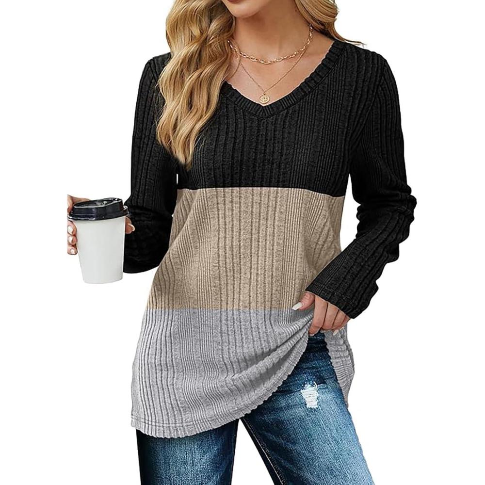 image:imageYeenily Pull Manches Longues Et CTel Col V Femme Longues en Tricot Pullover Haut Chaud Automne Hiver Tunique LGerKaki