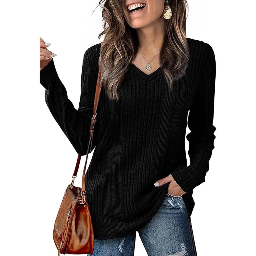 image:imageYeenily Pull Manches Longues Et CTel Col V Femme Longues en Tricot Pullover Haut Chaud Automne Hiver Tunique LGerNoir
