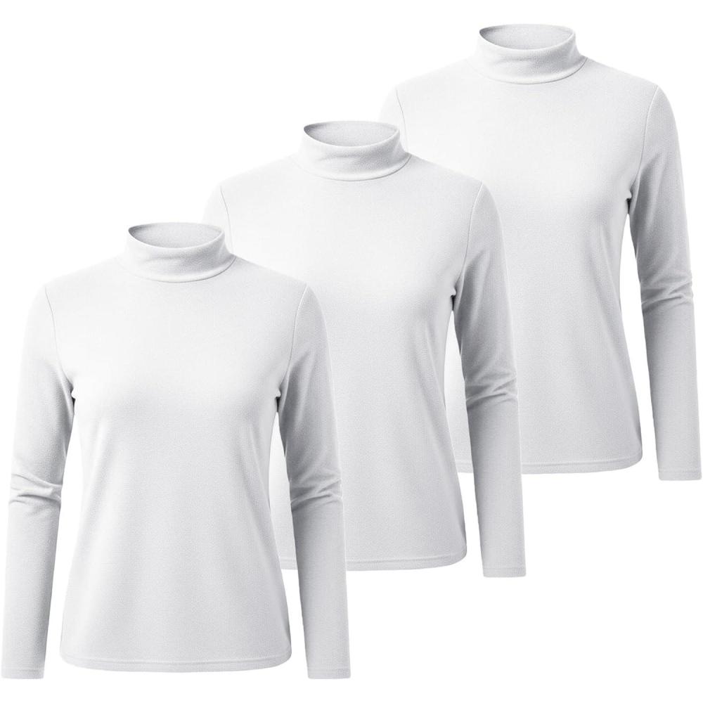 image:imageGenerisch Lot de 3 tshirts thermiques manches longues pour femme Col roul Hauts thermiques Pour lhiver Sousvtements chauds Coupe ajuste Pull lgant Avec manches mihautes HautBlanc