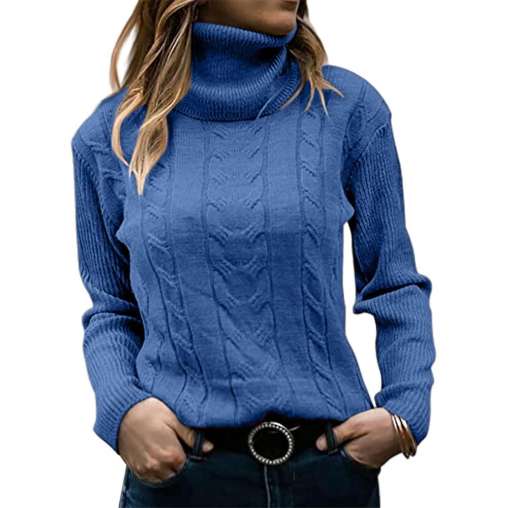 image:imagePull  col roul pour femme  Chaud  Manches longues  Automne et hiver  Tricot torsad  DcontractBleu