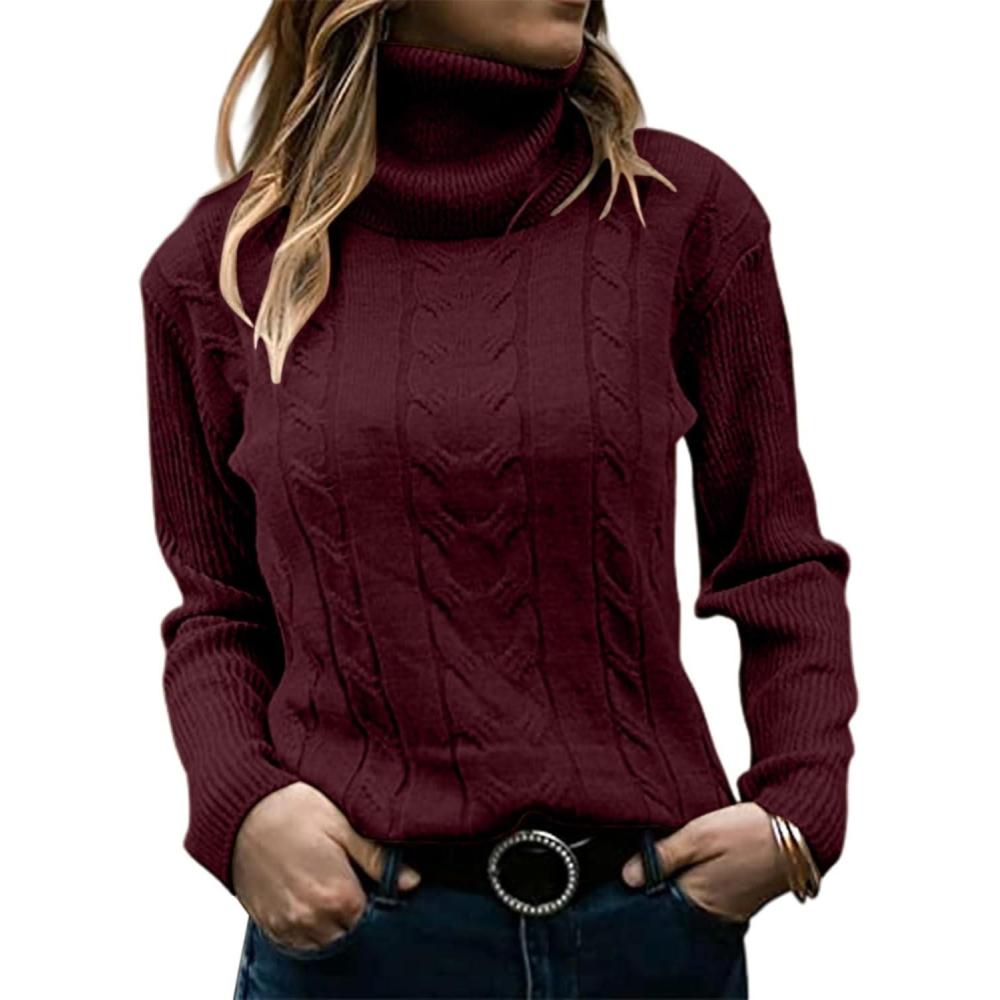 image:imagePull  col roul pour femme  Chaud  Manches longues  Automne et hiver  Tricot torsad  DcontractBordeaux