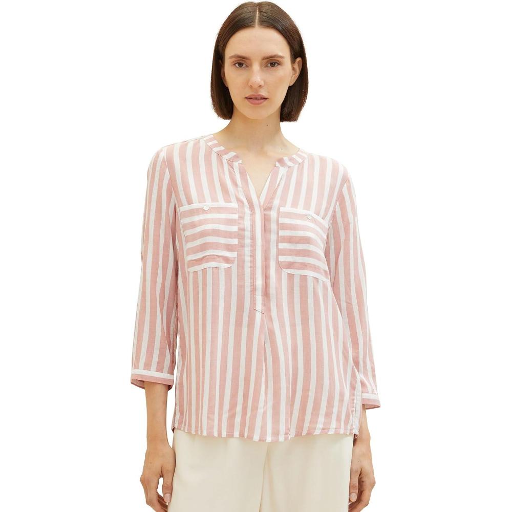 image:imageTOM TAILOR Pull Tricot En Coton Bio Femme32605 Rose Offwhite Vertical Stripe