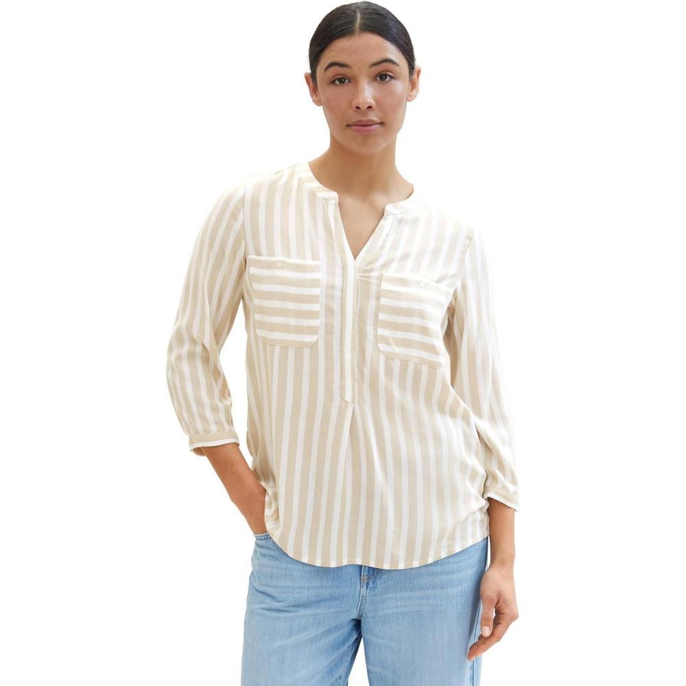 image:imageTOM TAILOR Pull Tricot En Coton Bio Femme35211 Beige Offwhite Stripe