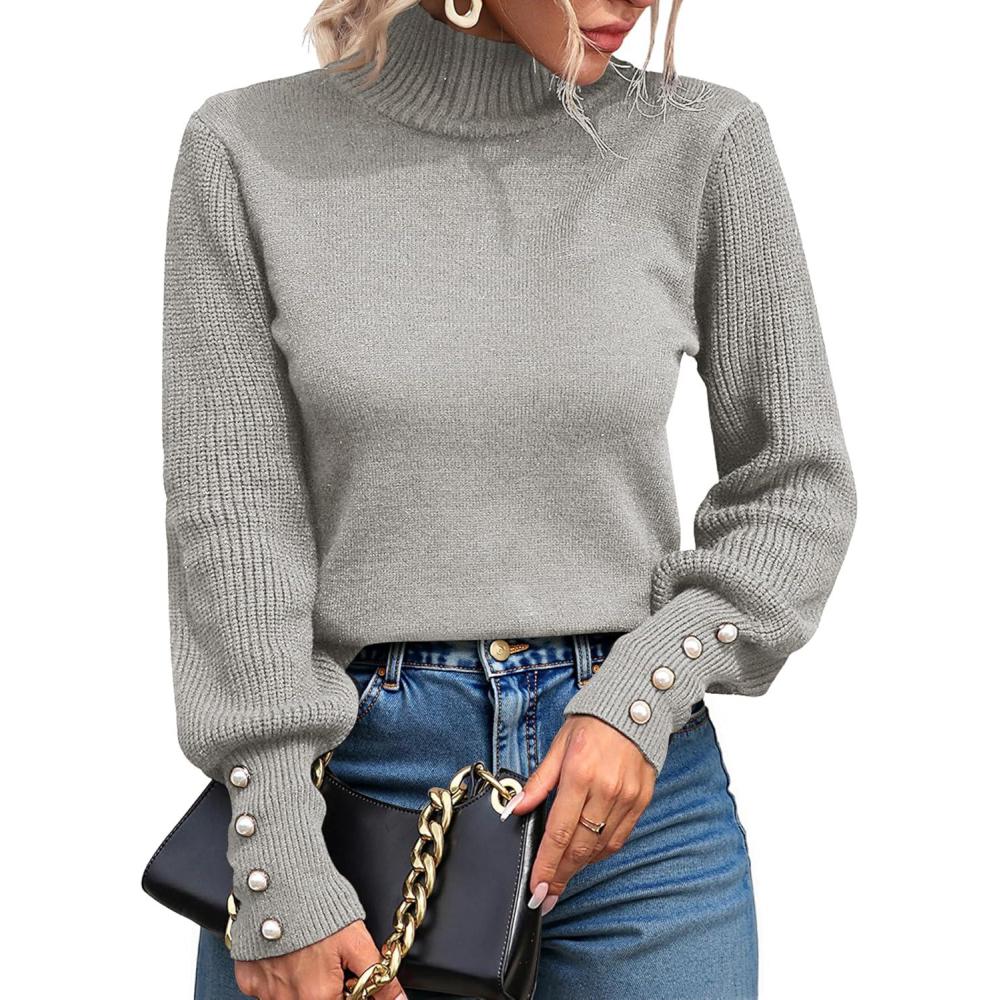 image:imagePull Femme Hiver Tricot Chic et Chaud Pull Col Roul Pullover Manches Longues avec Boutonn Couleur Unie Sweater HautsIdal pour lAutomne et lhiverGris