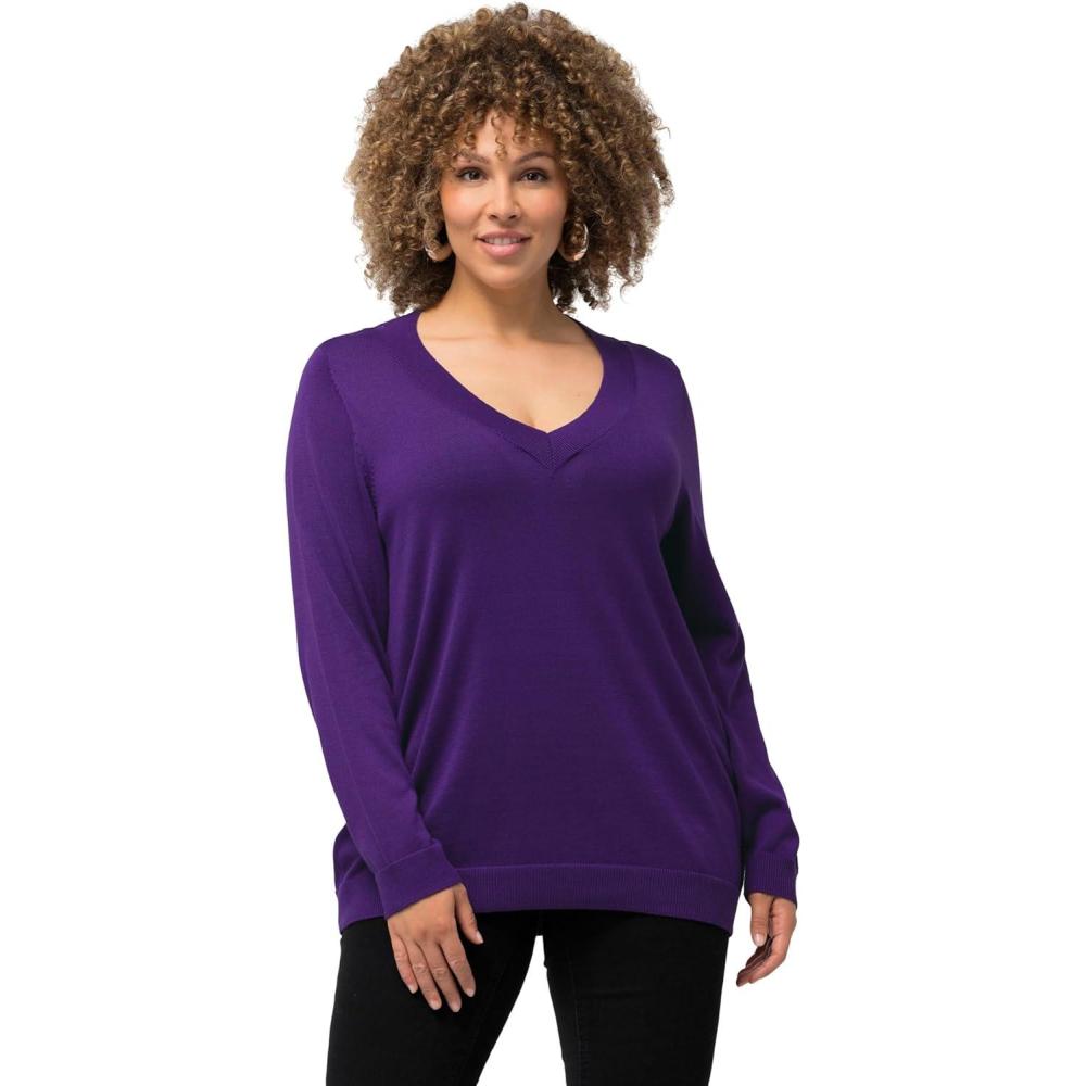 image:imageUlla Popken Femme Grandes Tailles Pull V Maille Fine Manches Longues 791606Violet