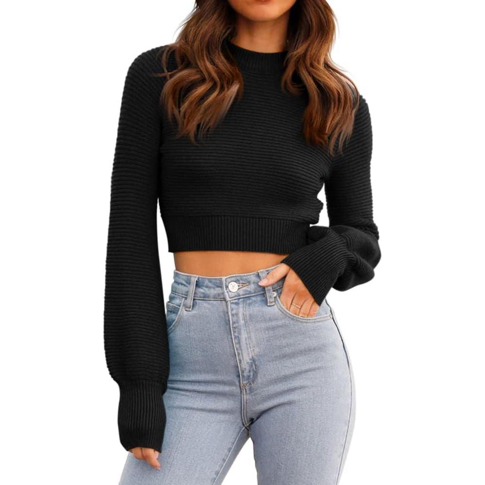 image:imageGeGekoko Pull en tricot pour femme  Sexy  Court  Avec col rond  Manches longues  lgant pull en tricotNoir