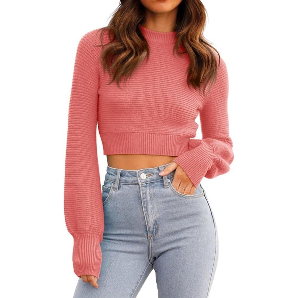 image:imageGeGekoko Pull en tricot pour femme  Sexy  Court  Avec col rond  Manches longues  lgant pull en tricotRose