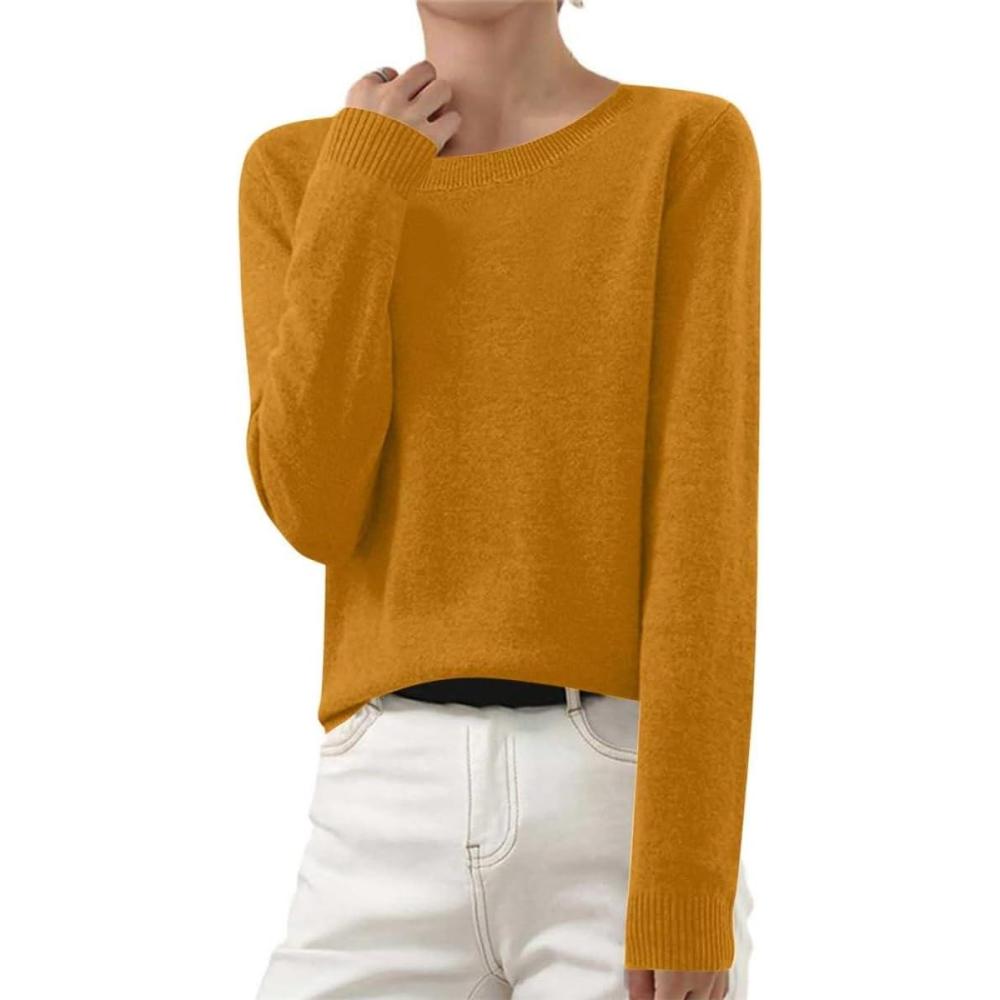 image:imageOnsoyours Pull en Cachemire pour Femme lgant Automne Hiver Chaud Col Rond Pulls Lger  Manches Longues Tricot HautA Jaune 03