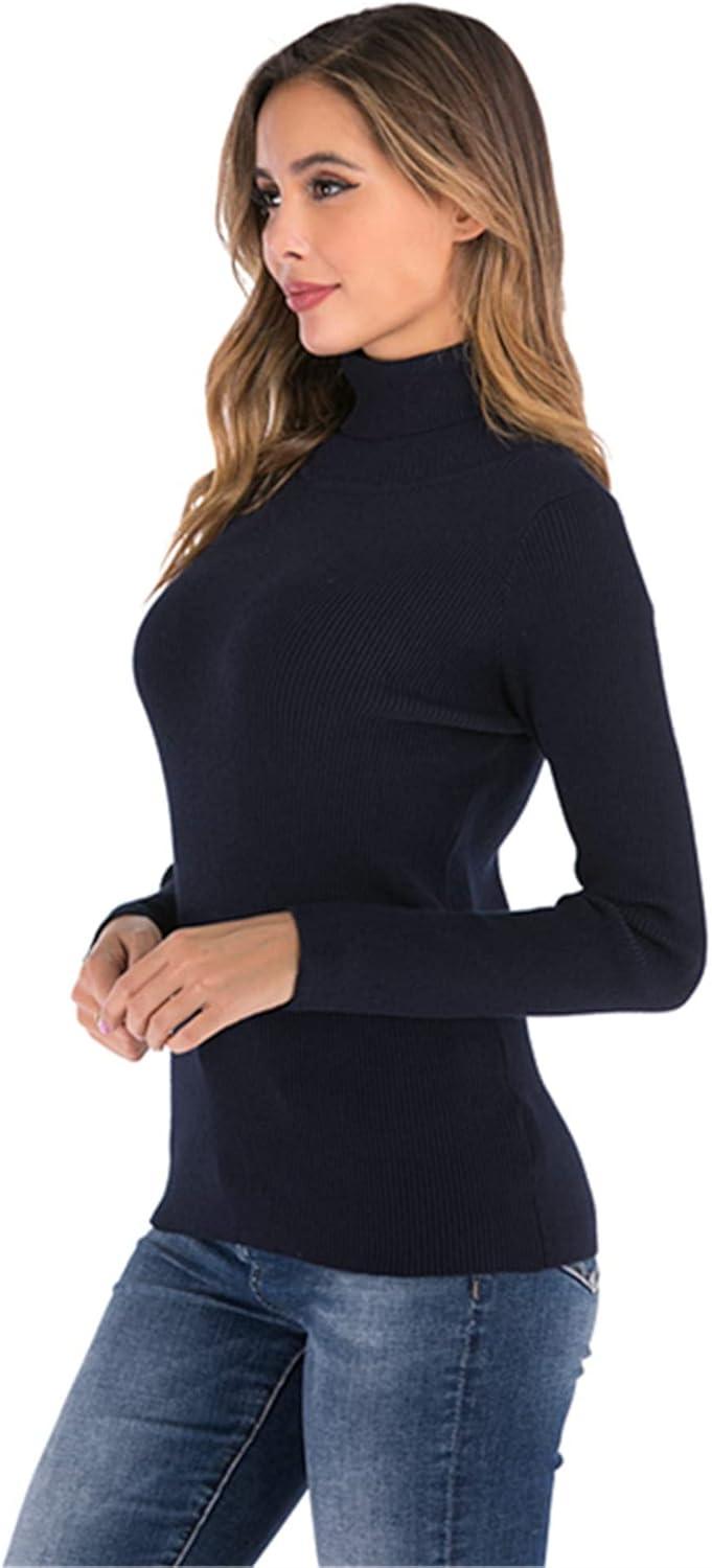 image:imagePull Femme Col Roul Tricot Hiver Chaud Thermal Ajust Moderne Serr Col Montant sousPull Basique Pullover Laine Top Haut Manches Longues Vintage Chic ConfortableBleu Marine B