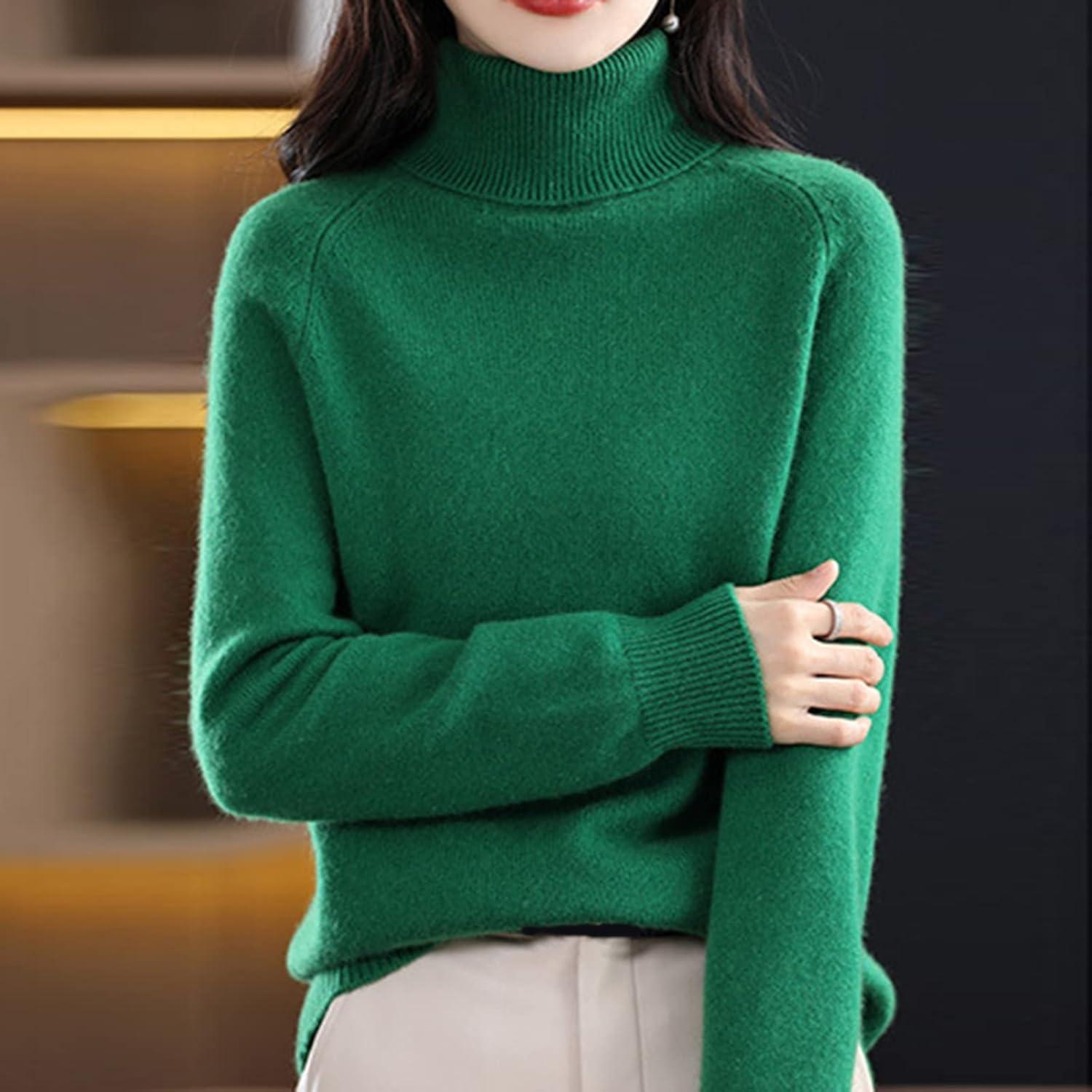 image:imagePull pour femme pull col roul pour femme pull basique lger en tricot doux col haut manches longuesVert 1