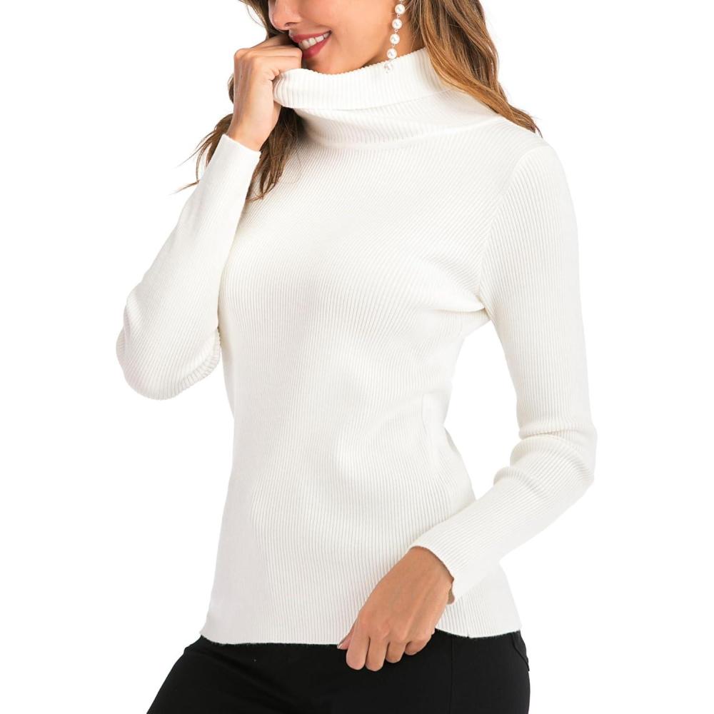 image:imagePull Femme Col Roul Tricot Hiver Chaud Thermal Ajust Moderne Serr Col Montant sousPull Basique Pullover Laine Top Haut Manches Longues Vintage Chic ConfortableBlanc B
