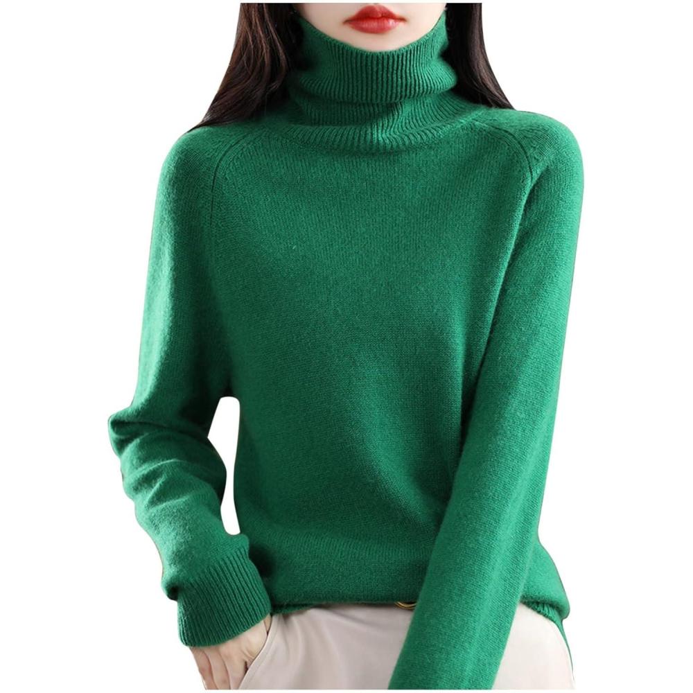 image:imagePull pour femme pull col roul pour femme pull basique lger en tricot doux col haut manches longuesVert 1