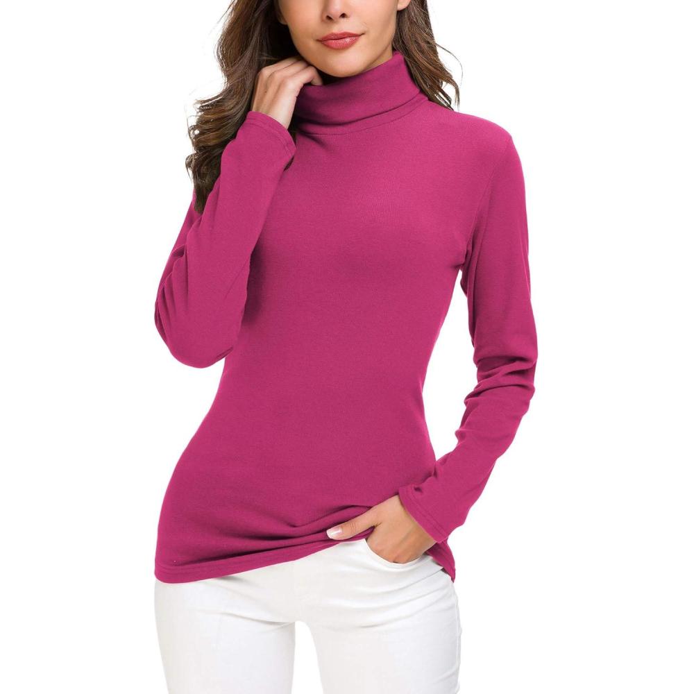 image:imageEXCHIC Femmes Solide Ajuste Pulls col Roul Manche Longue lastique SweatshirtRose