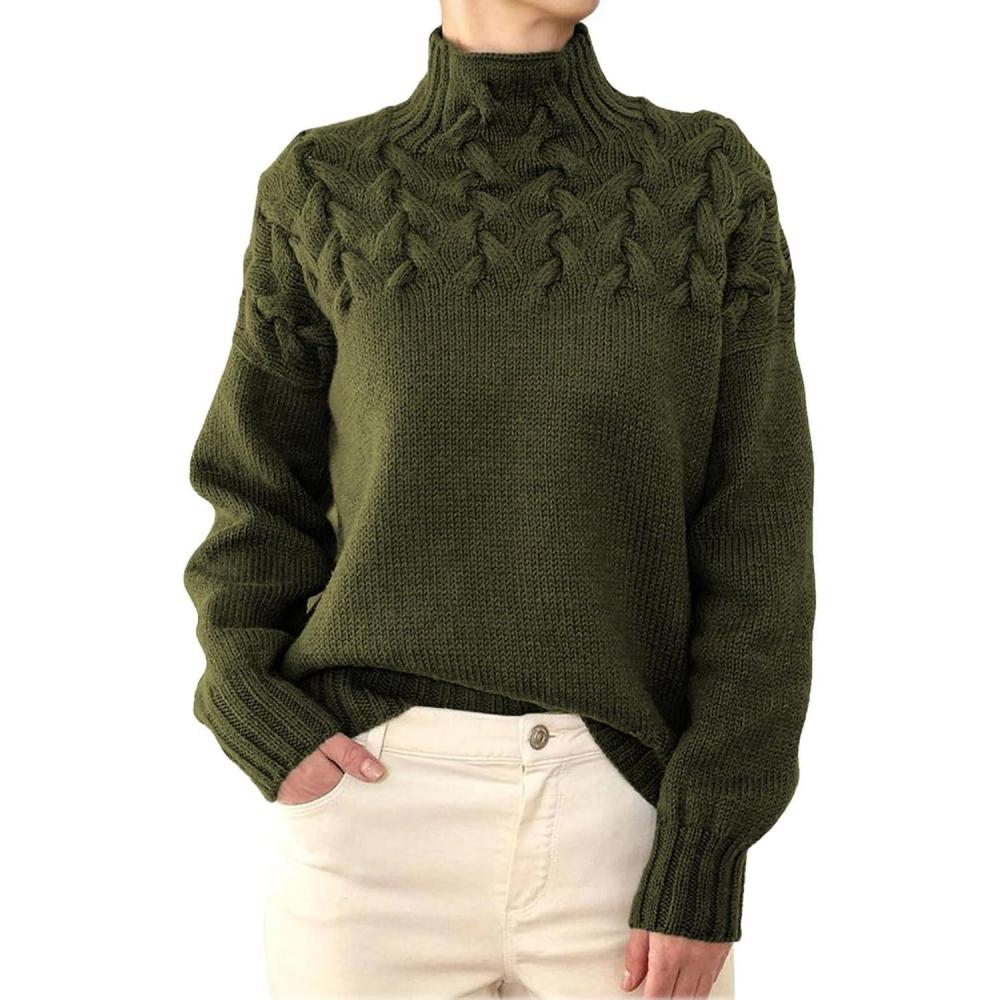 image:imagePull Femme Hiver Chaud Chic et lgant Pull Col Roul Manches Longues Sweat Tricot Cbl Thermique Femme01arme Verte