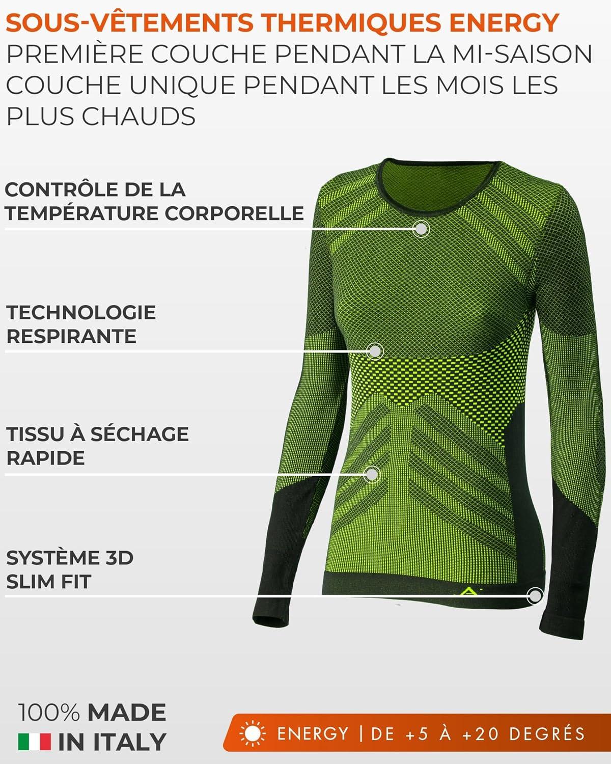 image:imageRisalti Debardeur Femme Thermique Manche Longue Energy sous Vtement Thermique Femme lastiques et Respirants Haut Thermique Femme Dbardeur Femme Tee Shirt Femme sans Couture Made in ItalyJaune Fluo Ras du Cou