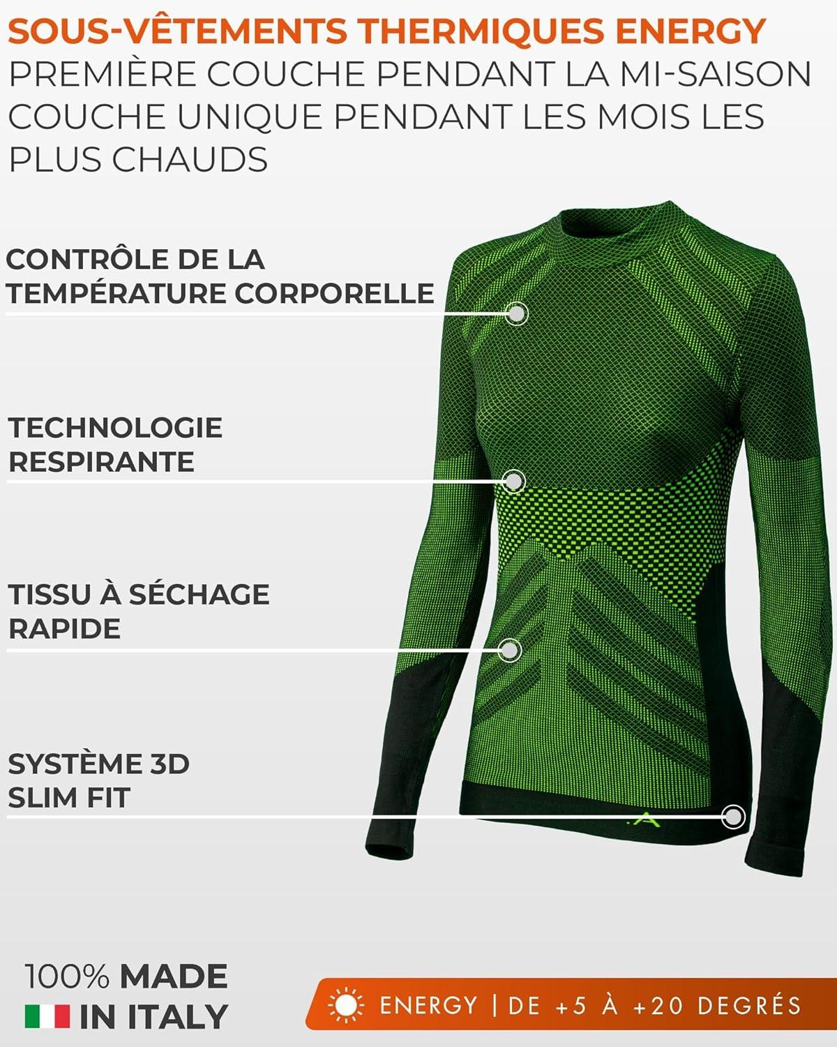 image:imageRisalti Debardeur Femme Thermique Manche Longue Energy sous Vtement Thermique Femme lastiques et Respirants Haut Thermique Femme Dbardeur Femme Tee Shirt Femme sans Couture Made in ItalyJaune Fluo Col Roul