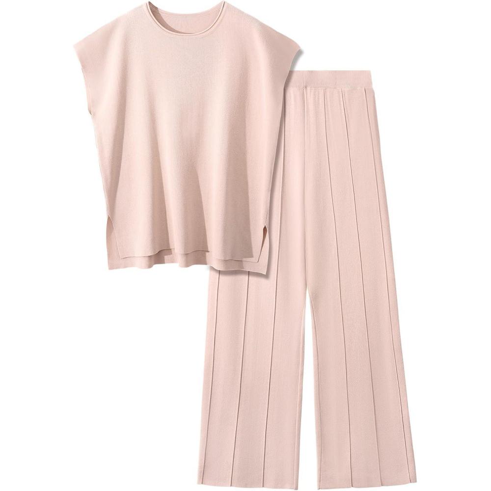 image:imageFemme Ensemble 2 Pices t Pull Tricot Chic Elegant Sans Manches Sweater Gilet Top et Longue Pantalon  Taille lastique et Jambes Larges Outfit Loungewear SetKaki
