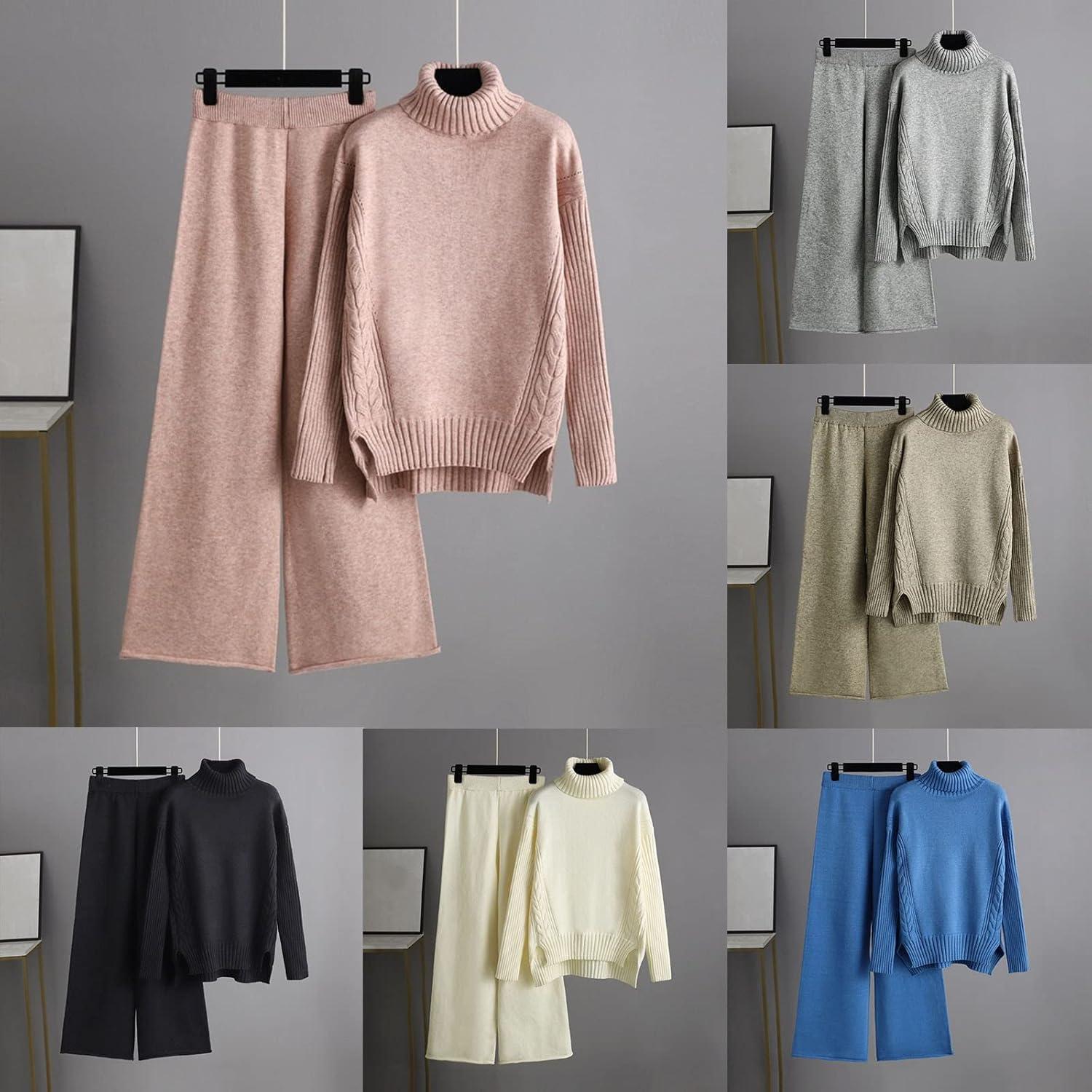 image:imageGenerisch Combinaison en tricot pour femme Pull en tricot deux pices Combinaison de loisirs Col rond Pull haut et pantalon long Ensemble chaud pour lhiver Couleur unie CombinaisonGris